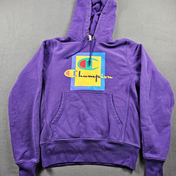 Champion Reverse Weave Hoodie Sweater Men's Small Purple Logo Print Ribbed - Picture 1 of 7